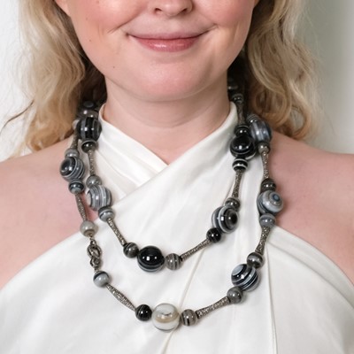Lot 118 - Long Oxidized Silver, Banded Agate Bead and Diamond Necklace