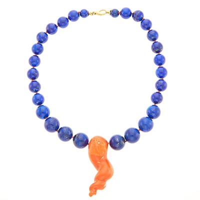 Lot 1206 - Lapis Bead and Coral Pendant-Necklace with Gold Clasp