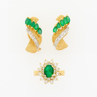 Lot 1219 - Gold, Emerald and Diamond Ring and Pair of Two-Color Gold, Emerald and Diamond Earclips