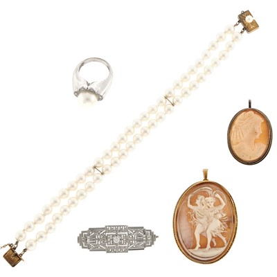 Lot 1191 - Group of Gold, Silver, Cultured Pearl and Diamond Jewelry and Two Cameo Pins