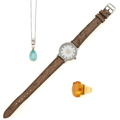 Lot 1278 - Hermès Paris Steel Wristwatch, Triple Strand White Gold, Aquamarine and Diamond Pendant-Necklace and Gold and Citrine Ring