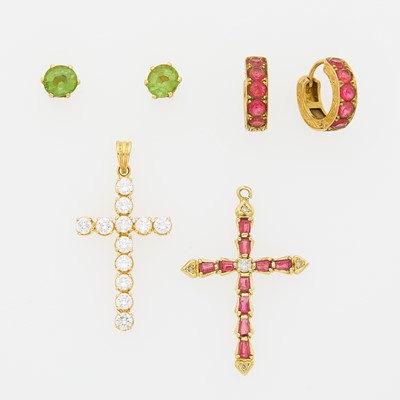 Lot 1222 - Two Gold, Diamond and Ruby Cross Pendants and Two Pairs of Ruby and Peridot Earrings