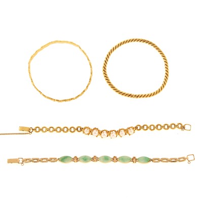 Lot 1079 - Two High Karat Gold Bangle Bracelets and Two Gold, Cultured Pearl and Jade Bracelets