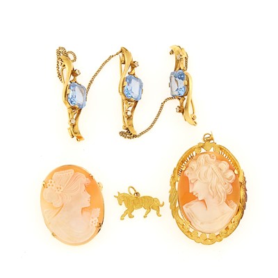 Lot 1194 - Three Gold, Synthetic Blue Spinel and Diamond Brooches, Two Gold and Gilt-Metal Cameo Brooches and Gold Charm