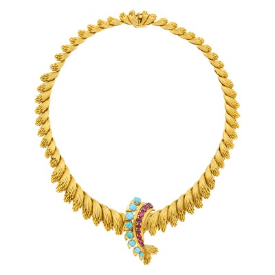 Lot 134 - Gold Necklace with Detachable Gold, Turquoise and Ruby Brooch, France