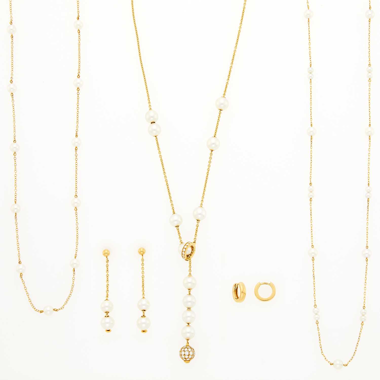 Lot 1002 - Mikimoto Three Gold and Cultured Pearl Necklaces and Pair of Earrings and Pair of Gold Earrings