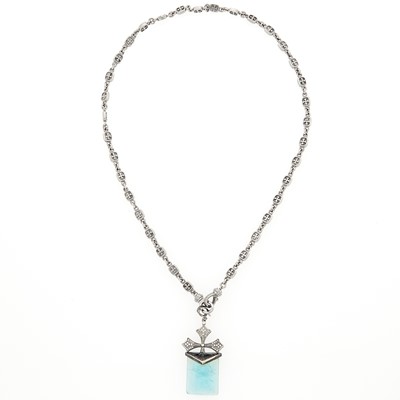 Lot 1195 - Blackened White Gold, Aquamarine and Diamond Pendant-Necklace