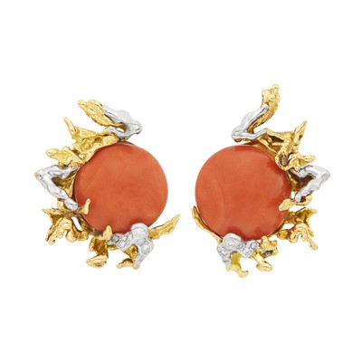 Lot 17 - Sterlé Paris Pair of Two-Color Gold, Coral and Diamond Earclips
