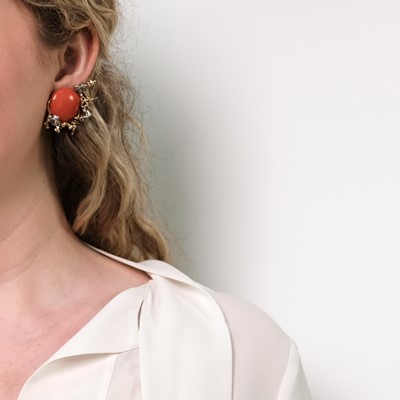 Lot 17 - Sterlé Paris Pair of Two-Color Gold, Coral and Diamond Earclips