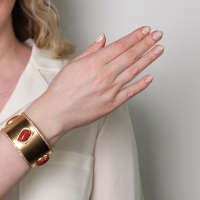 Lot 122 - Gold, Coral and Diamond Cuff Bangle Bracelet