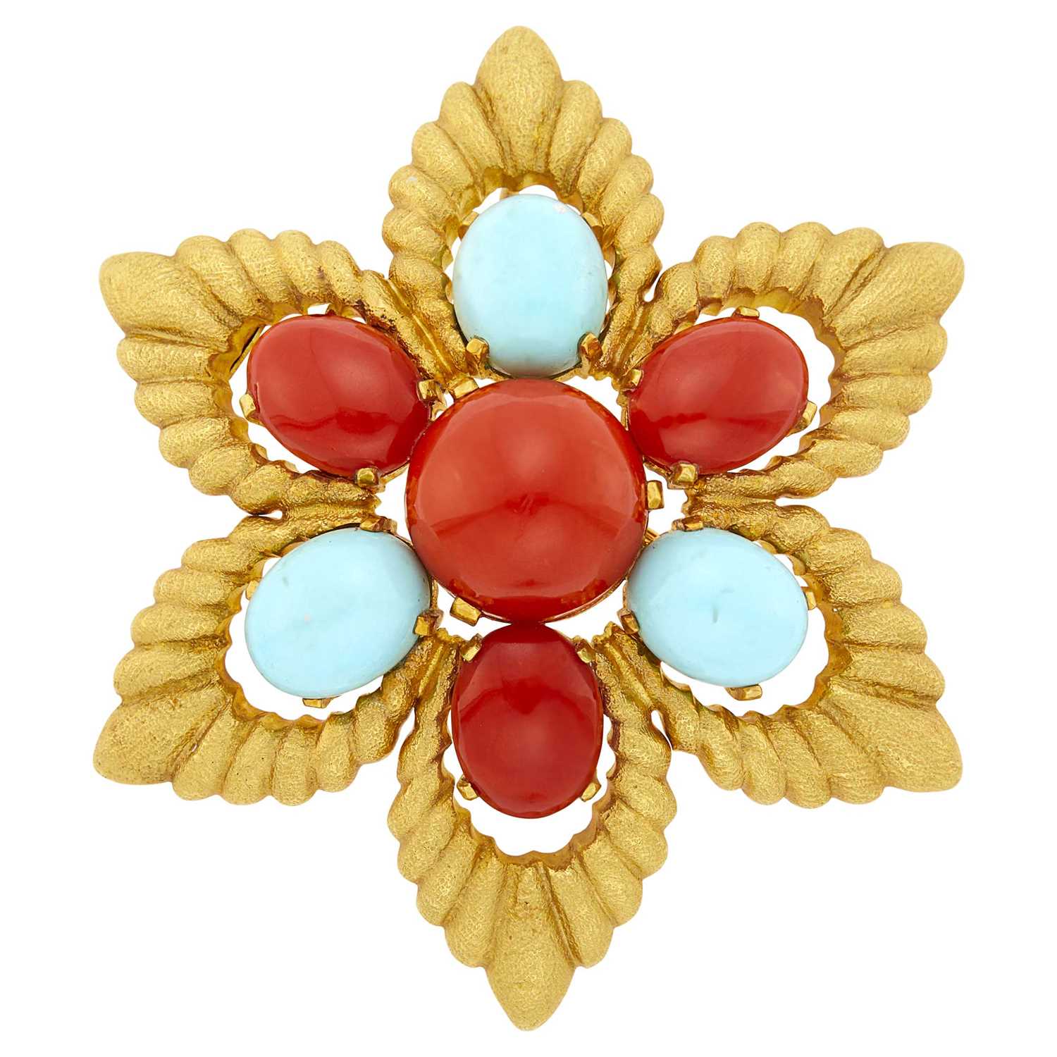 Lot 11 - Gold, Coral and Turquoise Star Pendant Clip-Brooch