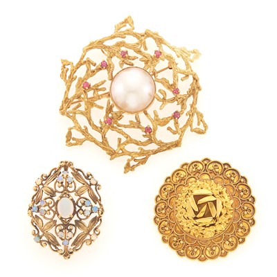 Lot 1151 - Two Gold, Opal, Mabé Pearl and Ruby Pendant-Brooches and Brooch
