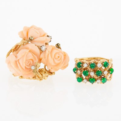 Lot 1232 - Gold, Cabochon Emerald and Diamond Ring and Gold, Carved Coral and Diamond Ring