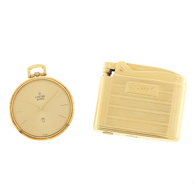 Lot 1285 - Concord Gold Open Face Pocket Watch and Gold Lighter