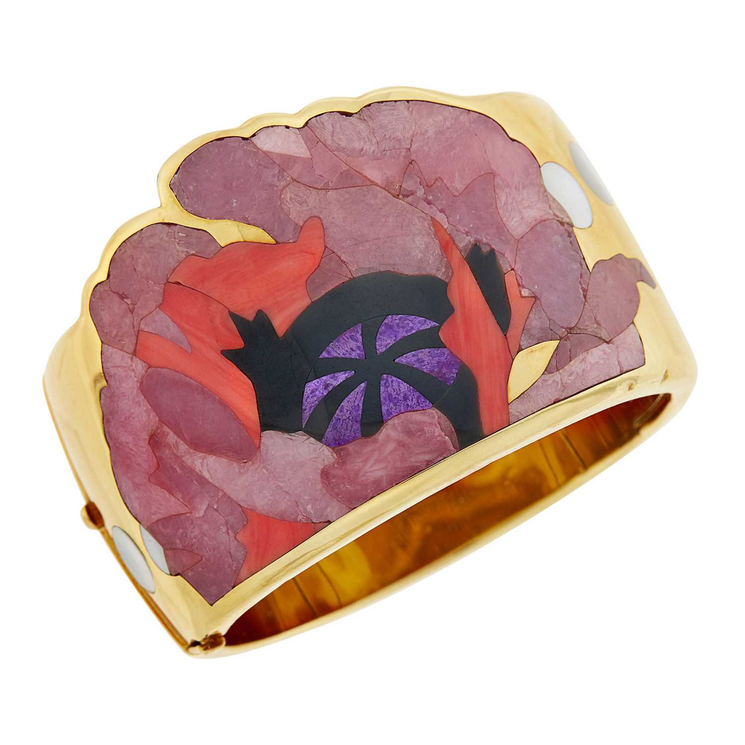 Lot 8 - Tiffany & Co. Gold and Hardstone Floral Cuff Bangle Bracelet