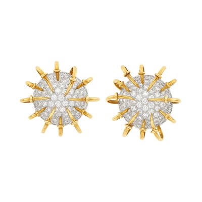 Lot 245 - Tiffany & Co., Schlumberger Pair of Gold, Platinum and Diamond 'Apollo' Earclips