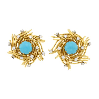 Lot 163 - Tiffany & Co., Schlumberger Pair of Gold, Platinum, Turquoise and Diamond 'Nest' Earclips