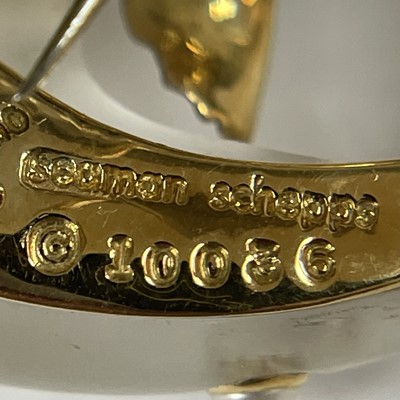 Lot 16 - Seaman Schepps Gold, Carved Frosted Rock Crystal, Split Pearl and Diamond Fish Clip-Brooch