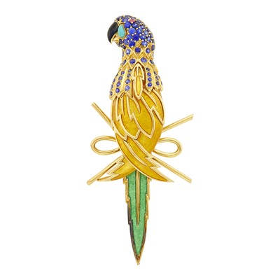 Lot 162 - Tiffany & Co., Schlumberger Gold, Enamel and Sapphire Parrot Clip-Brooch, France
