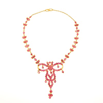 Lot 1062 - Gold and Cabochon Ruby Pendant-Necklace