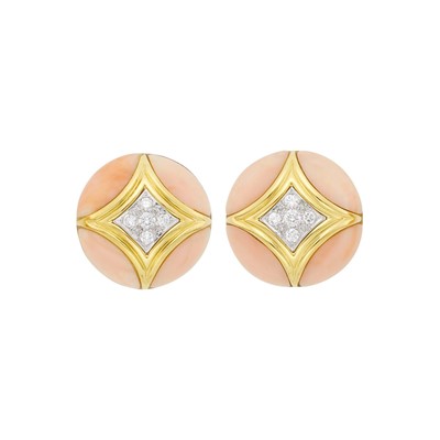 Lot 181 - Van Cleef & Arpels Pair of Two-Color Gold, Angel Skin Coral and Diamond Earclips