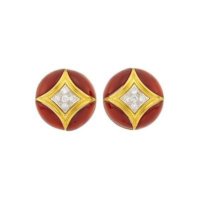 Lot Van Cleef and Arpels Pair of Two-Color Gold, Carnelian and Diamond Earclips