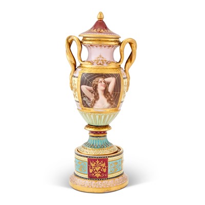 Lot 364 - Vienna Style Gilt and Polychrome Decorated Porcelain Two-Handled Garniture Urn and Cover