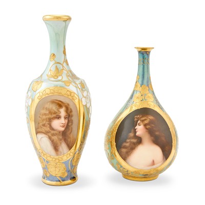 Lot 391 - Two Continental Art Nouveau Gilt and Hand-Painted Porcelain Portrait Cabinet Vases