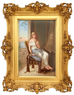 Lot 247 - Continental Hand-Painted Porcelain Plaque of Penelope at Her Loom Awaiting Odysseus