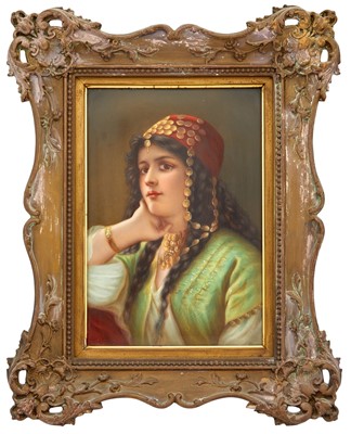 Lot 246 - Continental Hand-Painted Porcelain Plaque of Odalisque (Gypsy Maiden)