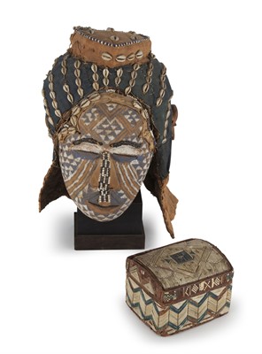 Lot 108 - Beadwork Mask with Stand and a Feather Inset Box