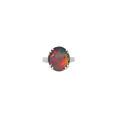 Lot 1073 - White Gold, Black Opal and Diamond Ring
