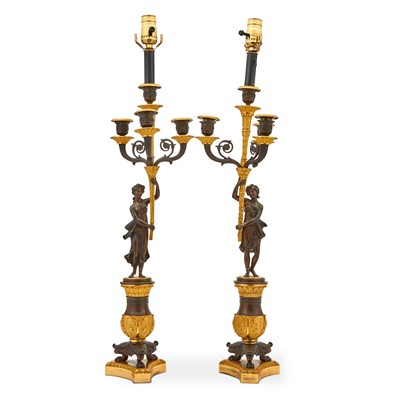 Lot 376 - Pair of Empire Style Gilt and Patinated Bronze Four-Light Candelabra Mounted as Lamps