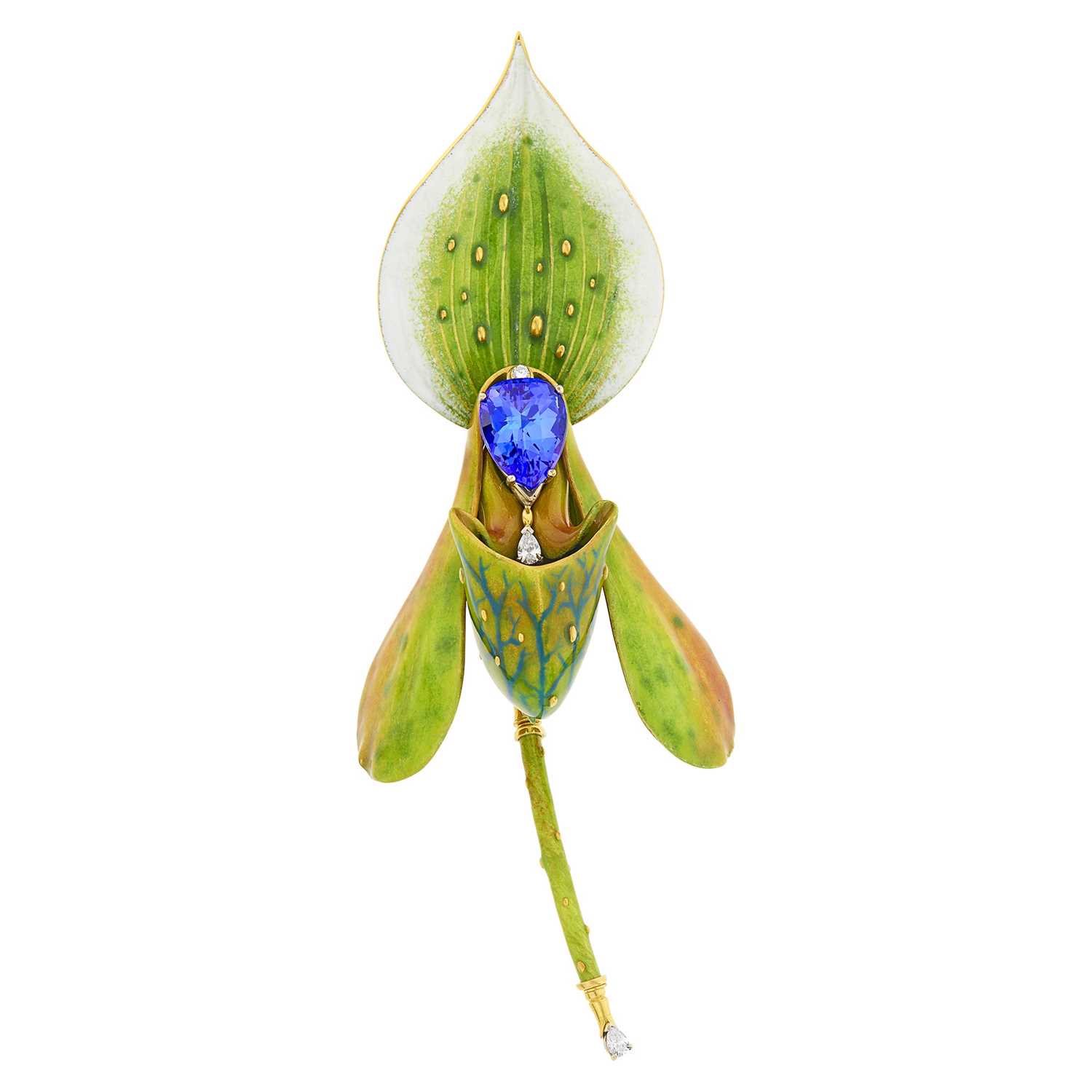 Lot 53 - David Freda Gold, Enamel, Tanzanite and Diamond Orchid Brooch