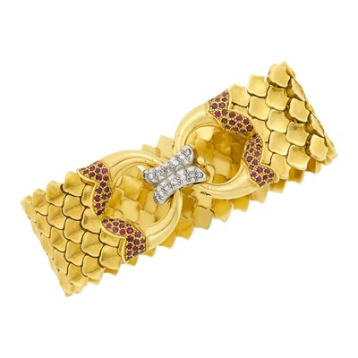 Lot 60 - Wide Gold, Ruby and Diamond Bracelet