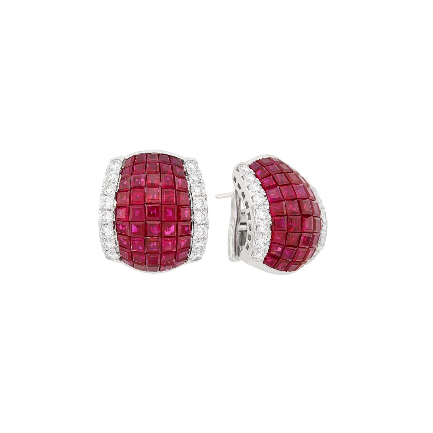 Lot 106 - Pair of Platinum, Invisibly-Set Ruby and Diamond Earclips