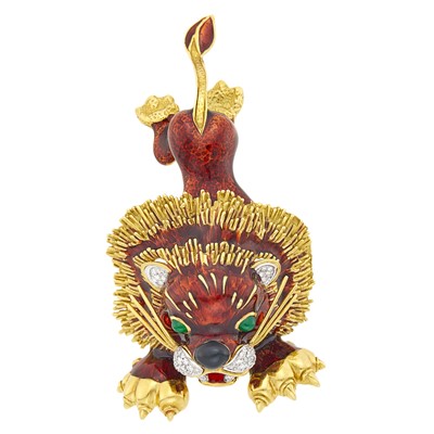 Lot 28 - Two-Color Gold, Enamel and Diamond Lion Clip-Brooch
