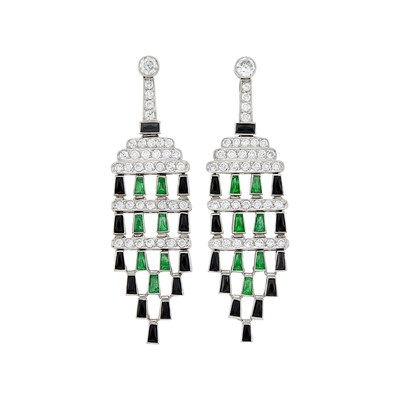 Lot 1081 - Pair of Platinum, Diamond, Emerald and Black Onyx Pendant-Earrings