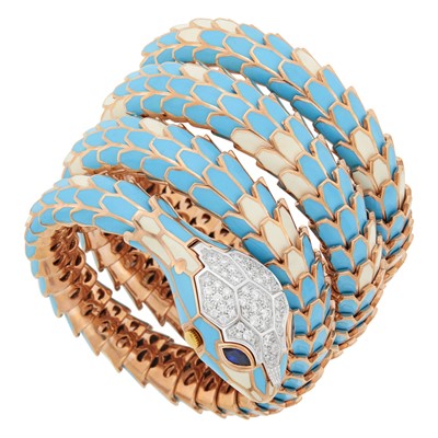 Lot 9 - Alexis Rose Gold-Plated Sterling Silver, White Gold, Enamel and Diamond Serpent Bracelet-Watch