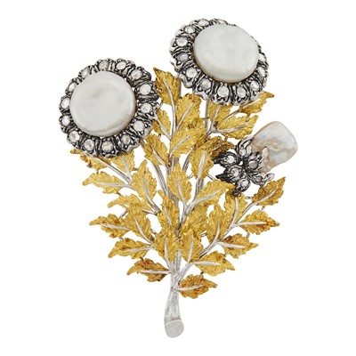Lot 174 - Gianmaria Buccellati Two-Color Gold, Silver, Freshwater Pearl and Diamond Flower Clip-Brooch