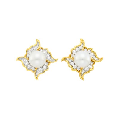 Lot 124 - Angela Cummings for Assael Pair of Gold, Platinum, Cultured Pearl and Diamond Earclips