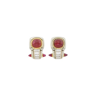 Lot 87 - Bulgari Pair of Two-Color Gold, Cabochon Ruby and Diamond Earrings