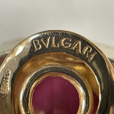 Lot 87 - Bulgari Pair of Two-Color Gold, Cabochon Ruby and Diamond Earrings