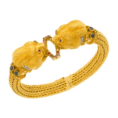 Lot 98 - Ilias Lalaounis Braided Gold, Gem-Set and Diamond Lion's Head Bracelet