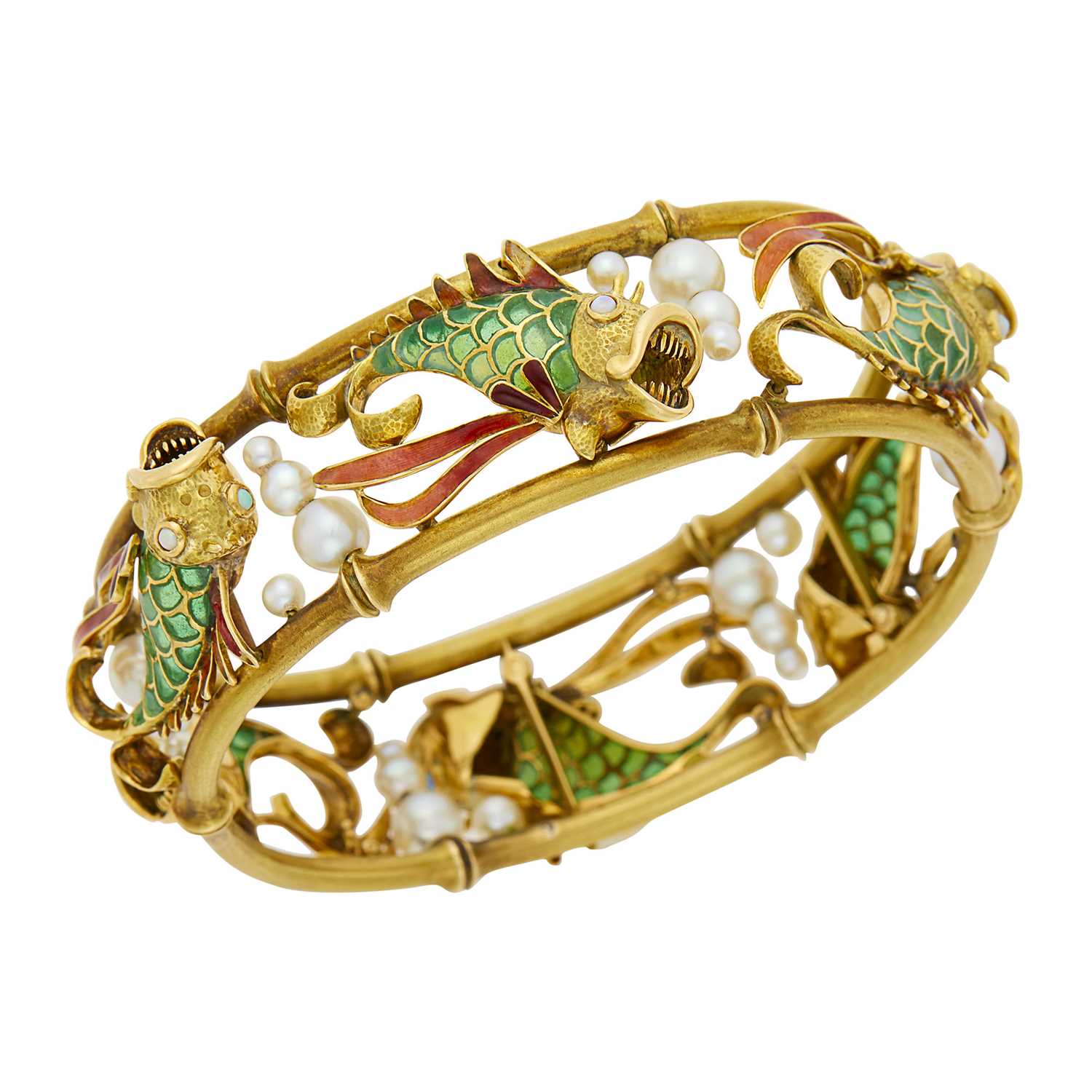 Lot 24 - Gold, Plique-à-Jour Enamel, Enamel, Opal and Cultured Pearl Fish Bangle Bracelet