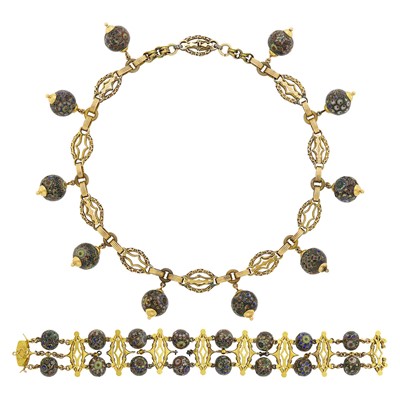Lot 62 - Antique Gold, Silver and Multicolored Cloisonné Enamel Ball Necklace and Bracelet, France