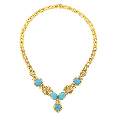 Lot 137 - Double Strand Gold, Turquoise and Diamond Necklace