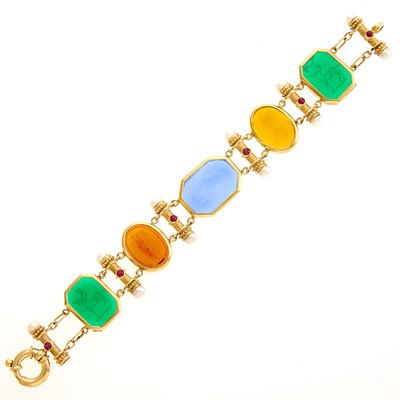 Lot 1023 - Gold, Multicolored Glass Intaglio, Cultured Pearl and Cabochon Ruby Bracelet