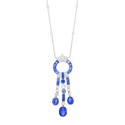 Lot 86 - White Gold, Sapphire and Diamond Pendant-Necklace