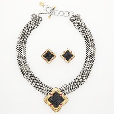 Lot 1199 - David Yurman Silver, Gold, Carved Black Onyx and Ruby Necklace and Pair of Earrings